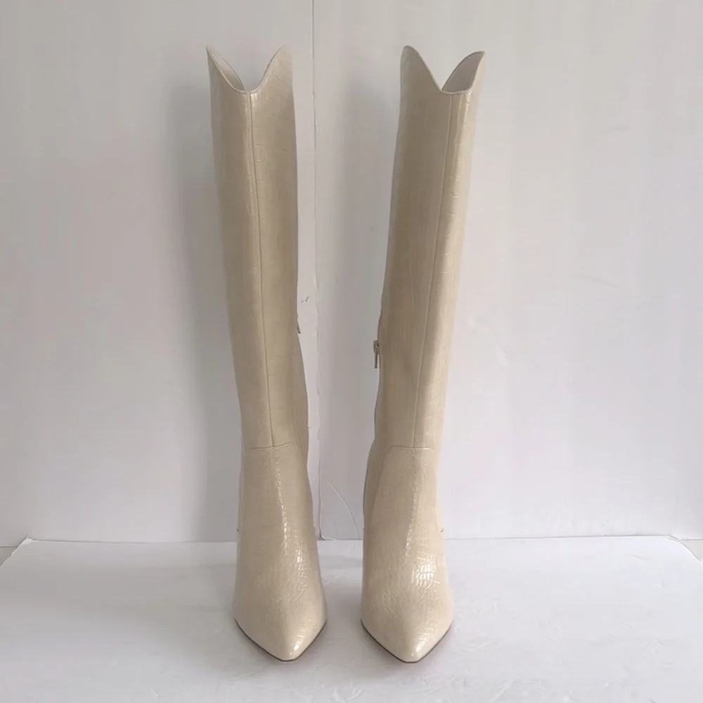 SHOEDAZZLE Women Paige Stiletto Beige Knee-High Boots Crock Embossed Size 10 New - Picture 10 of 14